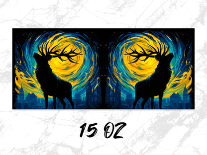Mystical Deer Silhouette Large Wall Art, Twin Moonlit Night Canvas Print, Urban Fantasy Decor, 15oz