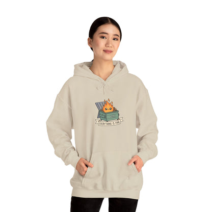 Cream hoodie with cartoon trash can on fire and text "EVERYTHING IS FINE."