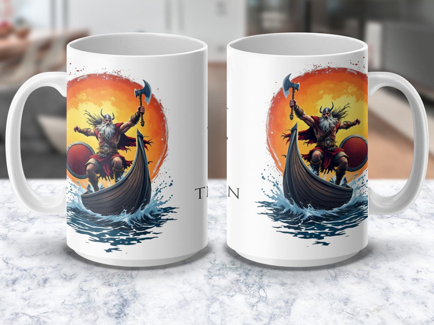 Viking Warrior Boat Sunset Graphic Mug, Norse Mythology Coffee Cup, Unique Gift Idea