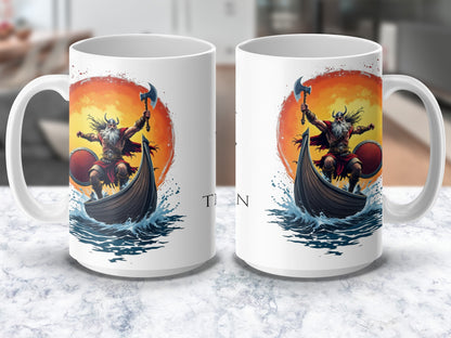 Viking Warrior Boat Sunset Graphic Mug, Norse Mythology Coffee Cup, Unique Gift Idea