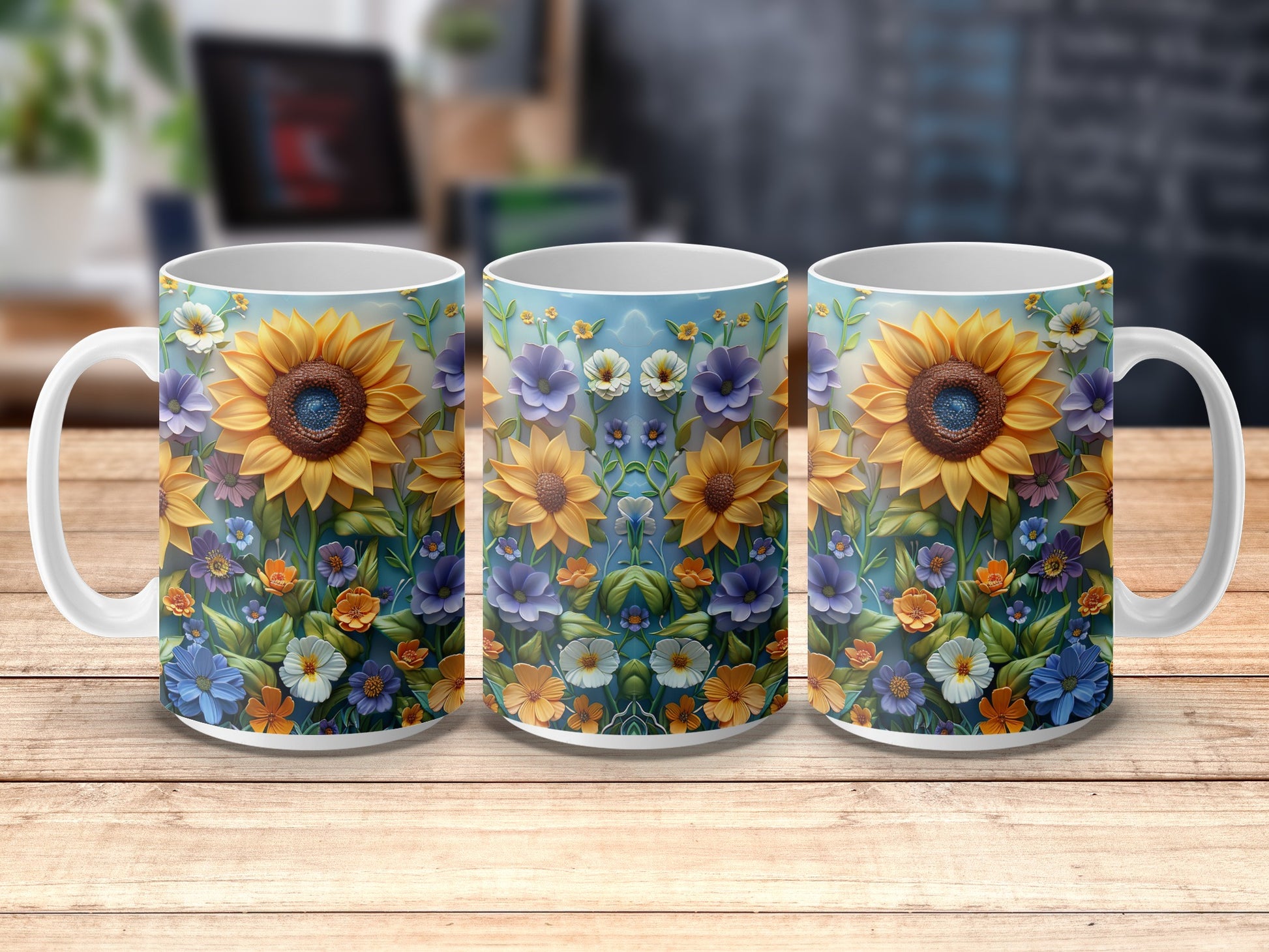 Sunflower and Mixed Floral Print Coffee Mugs, Set of 3, Colorful Kitchen Decor, Ceramic Mugs for Gift