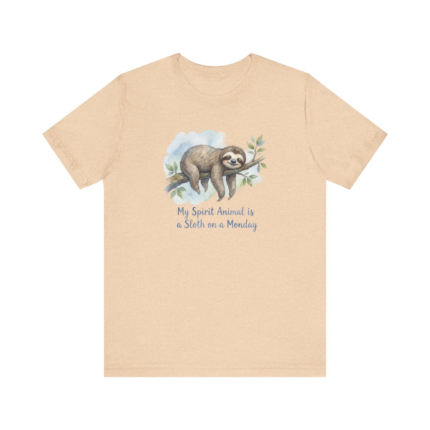 Watercolor sloth hanging on a branch, text reads "My Spirit Animal is a Sloth on a Monday".