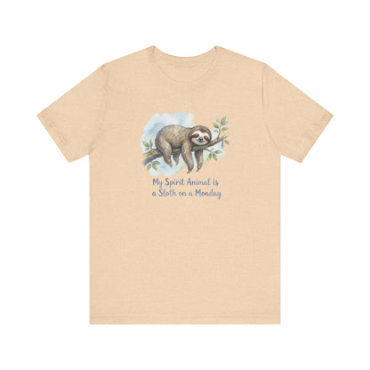 Watercolor sloth hanging on a branch, text reads "My Spirit Animal is a Sloth on a Monday".