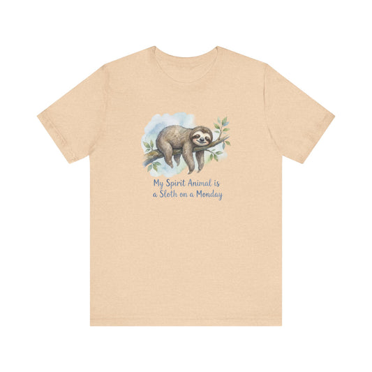 Watercolor sloth hanging on a branch, text reads "My Spirit Animal is a Sloth on a Monday".