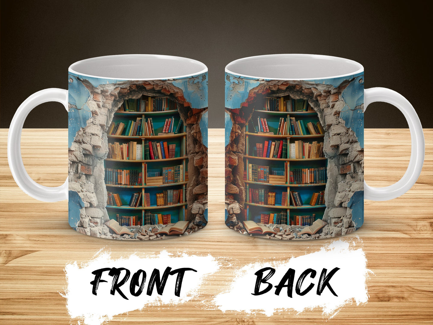 Unique Library Bookshelf Design Mug, Stone Archway Reading Lover Gift, Dual-Sided Colorful Coffee Cup