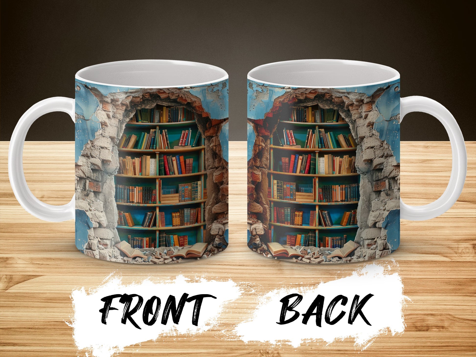 Unique Library Bookshelf Design Mug, Stone Archway Reading Lover Gift, Dual-Sided Colorful Coffee Cup