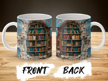 Unique Library Bookshelf Design Mug, Stone Archway Reading Lover Gift, Dual-Sided Colorful Coffee Cup