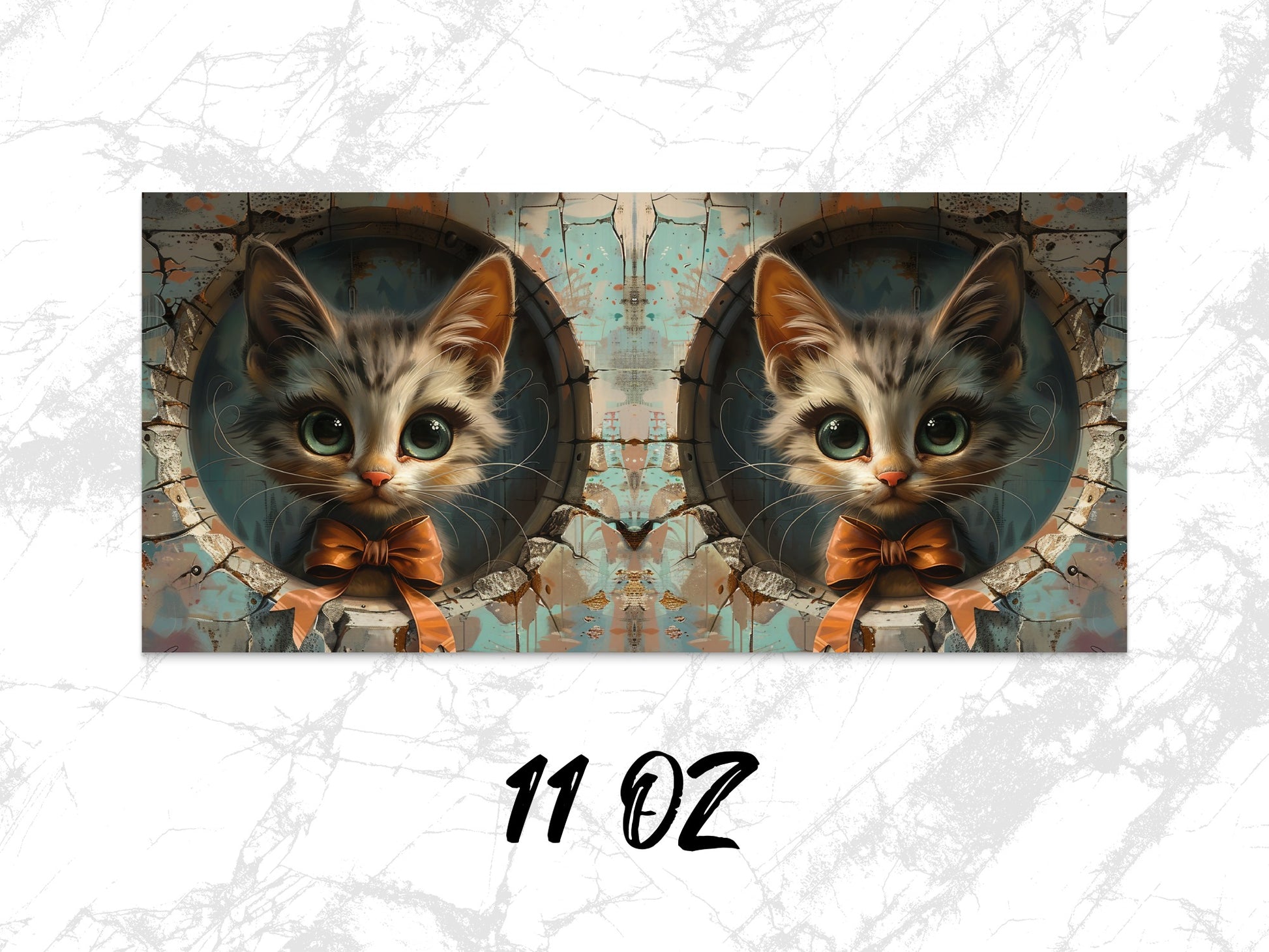 Cute Cat Coffee Mug, Kitten with Bow Vintage Art Print, 11 oz Unique Cat Lover Gift, Animal Themed Kitchen Decor