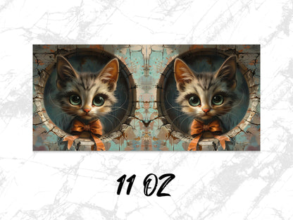 Cute Cat Coffee Mug, Kitten with Bow Vintage Art Print, 11 oz Unique Cat Lover Gift, Animal Themed Kitchen Decor