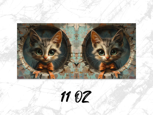 Cute Cat Coffee Mug, Kitten with Bow Vintage Art Print, 11 oz Unique Cat Lover Gift, Animal Themed Kitchen Decor