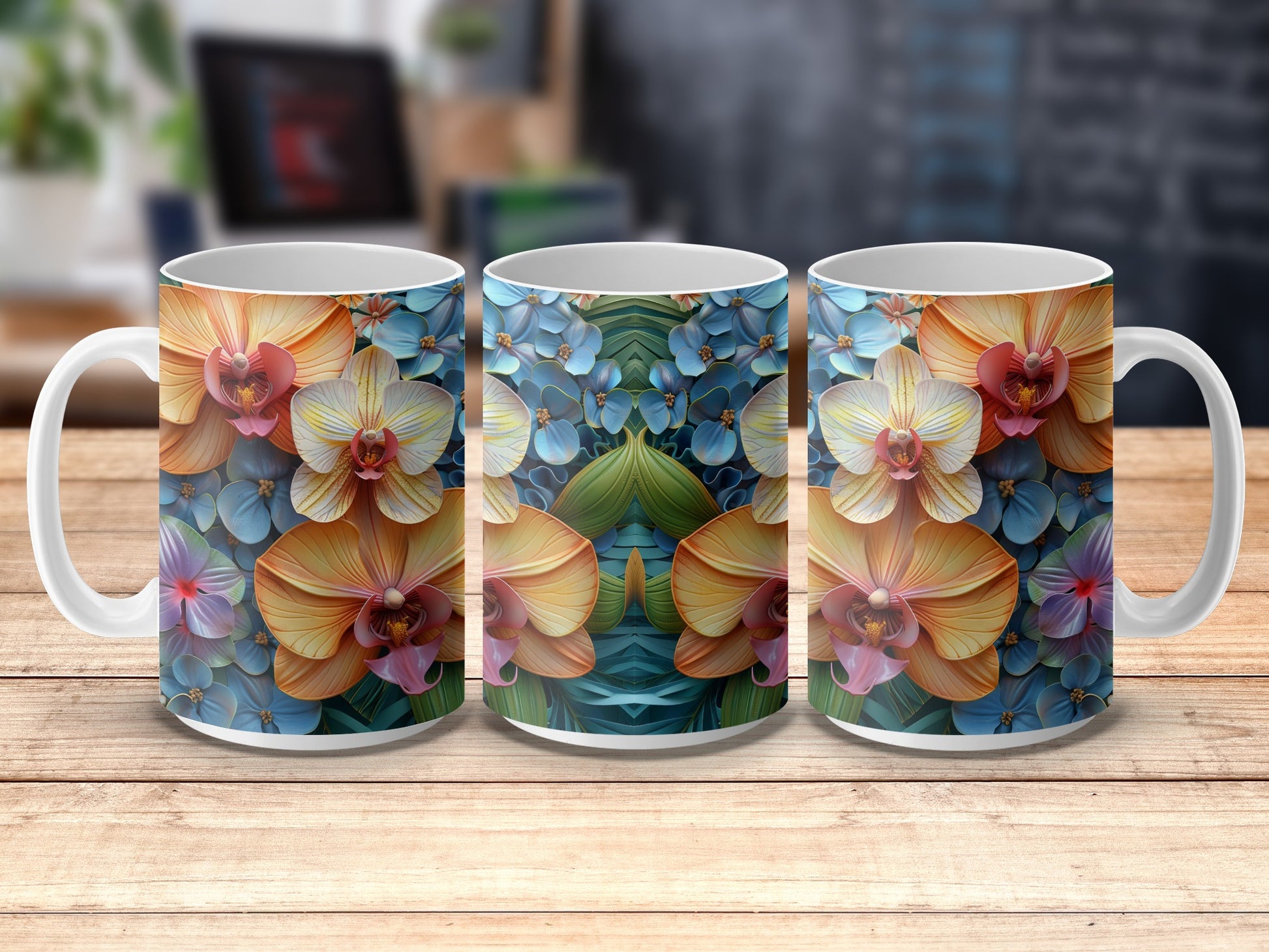 Floral Coffee Mugs, Tropical Orchid Print, Set of 3, Kitchen Decor, Gift Idea, Ceramic Cups, Bright Colors