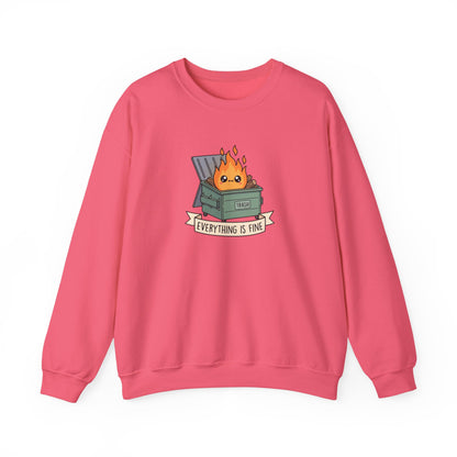 Pink sweatshirt with a cartoon dumpster fire illustration that says "Everything is fine".
