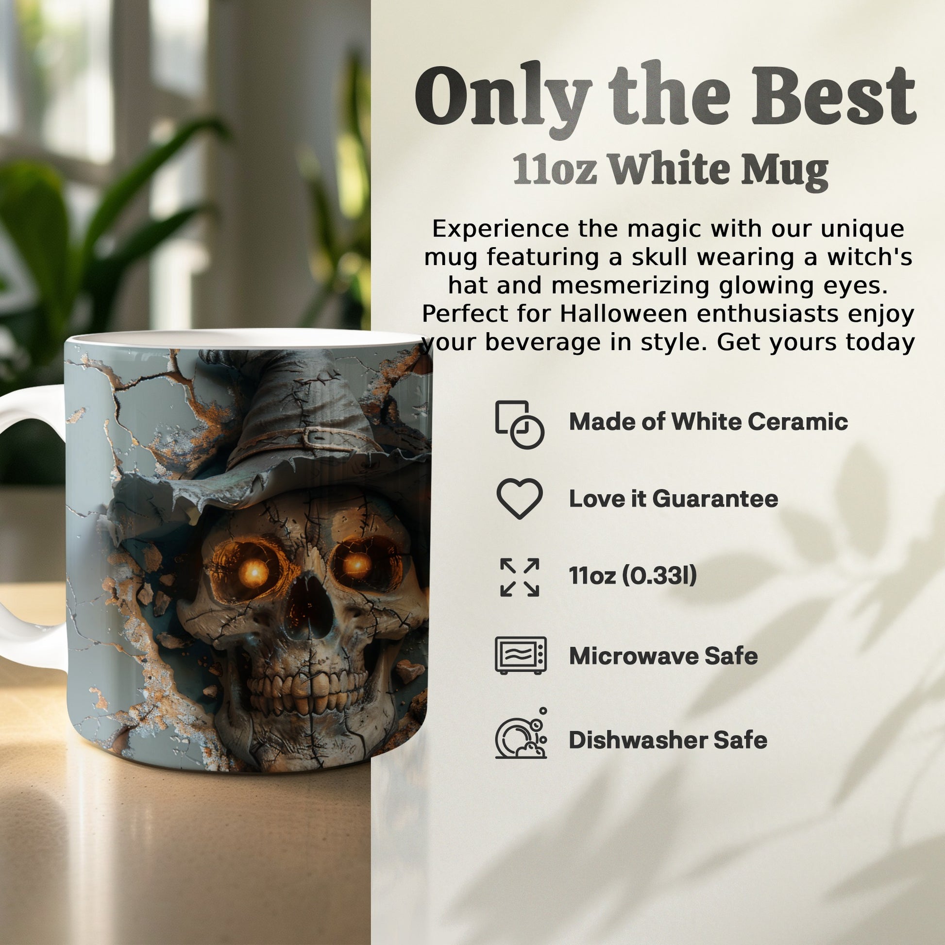 Skull Wearing Witch Hat Glowing Eyes White Mug product