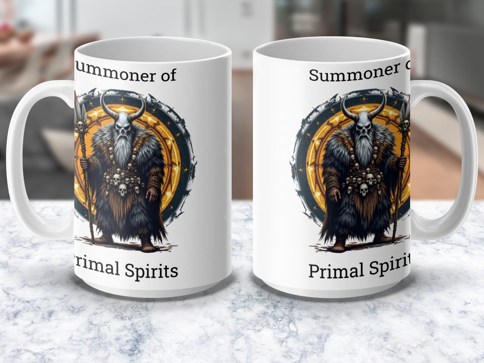 Summoner of Primal Spirits Coffee Mug, Fantasy Art Warrior Bear Graphic Cup