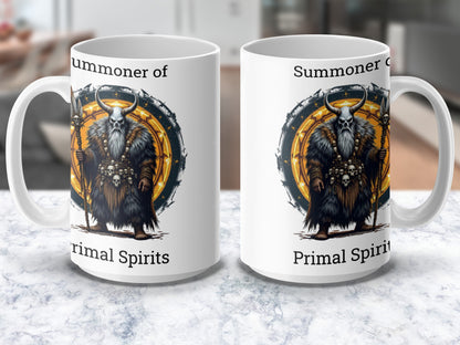 Summoner of Primal Spirits Coffee Mug, Fantasy Art Warrior Bear Graphic Cup
