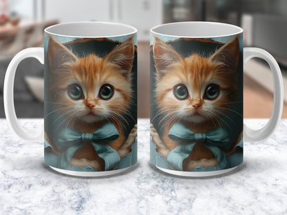 Cute Kitten Coffee Mug, Adorable Cat Print, Blue Bow, Animal Lover Gift, Unique Ceramic Mug for Home and Office