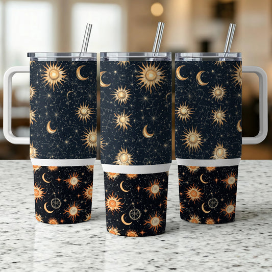 Celestial Tumbler Cups with Straws, Sun Moon Stars Design, Reusable Coffee Travel Mugs, Set of 3