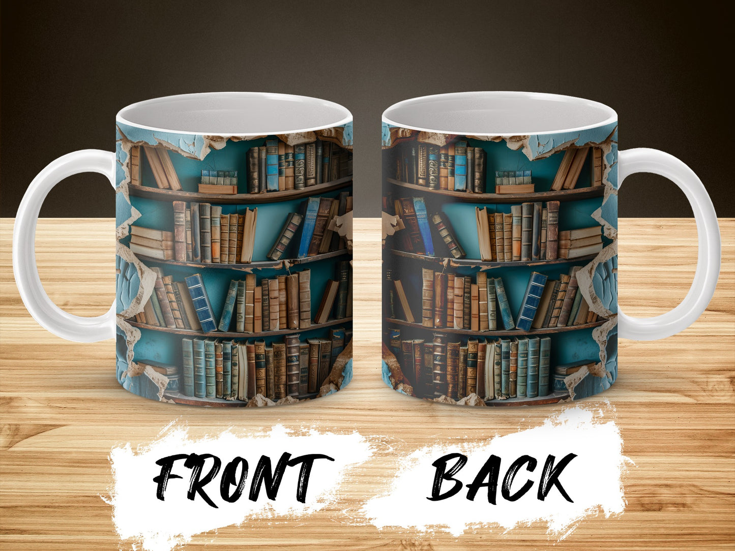 Vintage Library Bookshelf Design Coffee Mug, Literary Gift, Book Lover Tea Cup, Unique Reading Theme Drinkware, Front and Back Print