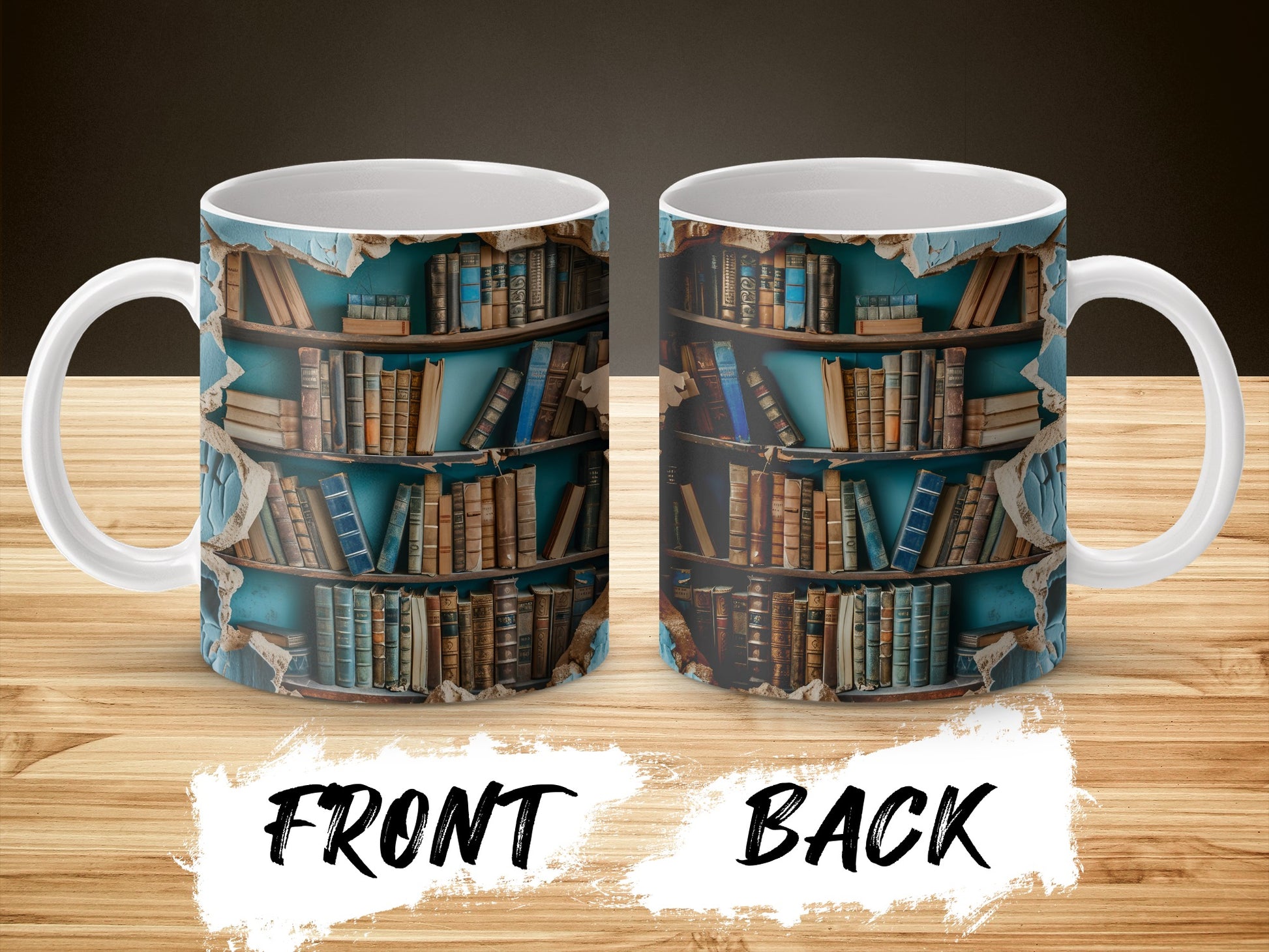 Vintage Library Bookshelf Design Coffee Mug, Literary Gift, Book Lover Tea Cup, Unique Reading Theme Drinkware, Front and Back Print