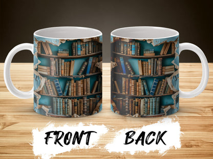 Vintage Library Bookshelf Design Coffee Mug, Literary Gift, Book Lover Tea Cup, Unique Reading Theme Drinkware, Front and Back Print