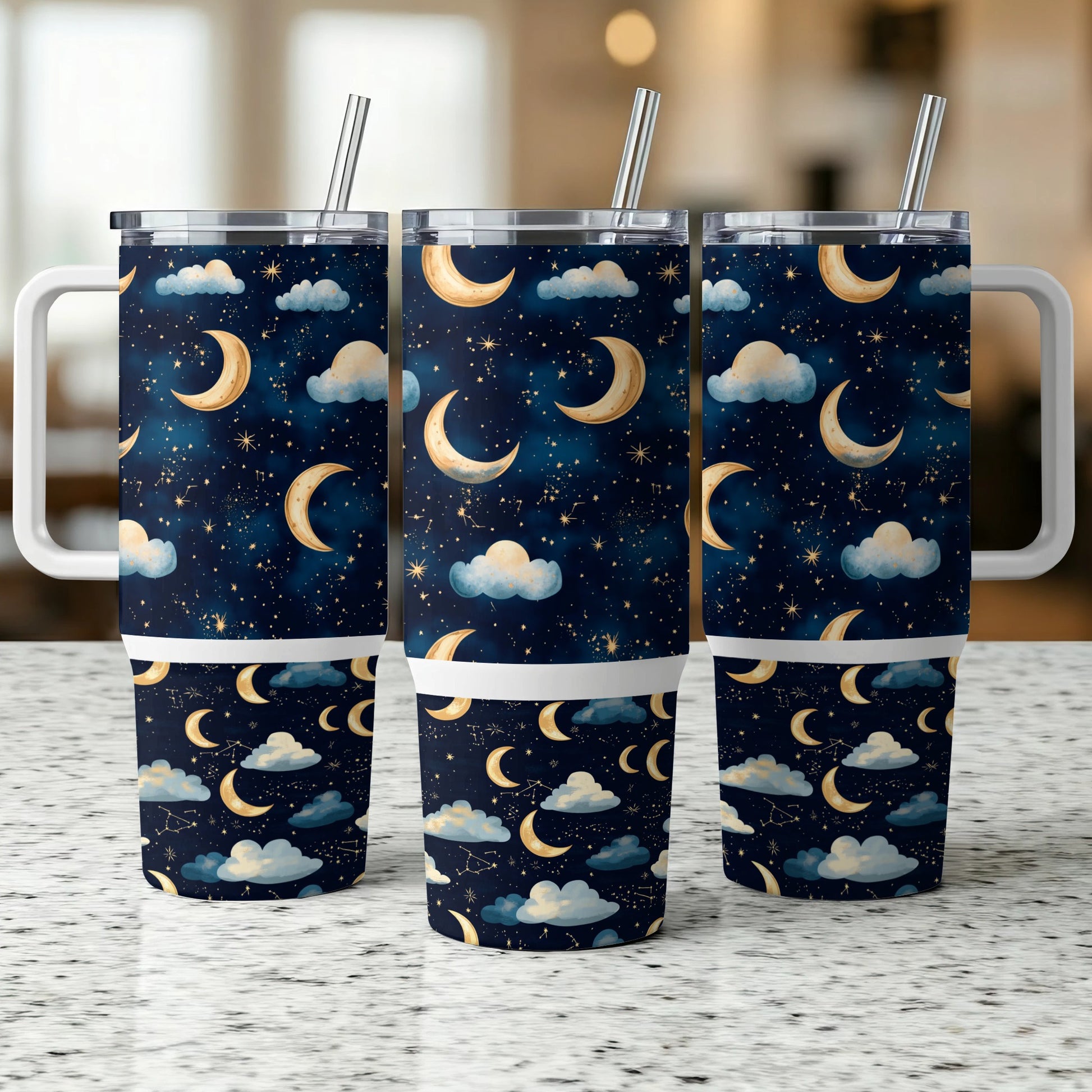 Celestial Tumbler Set with Lids and Straws, Moon and Stars, Night Sky Design, Insulated Drinkware, Gift Idea