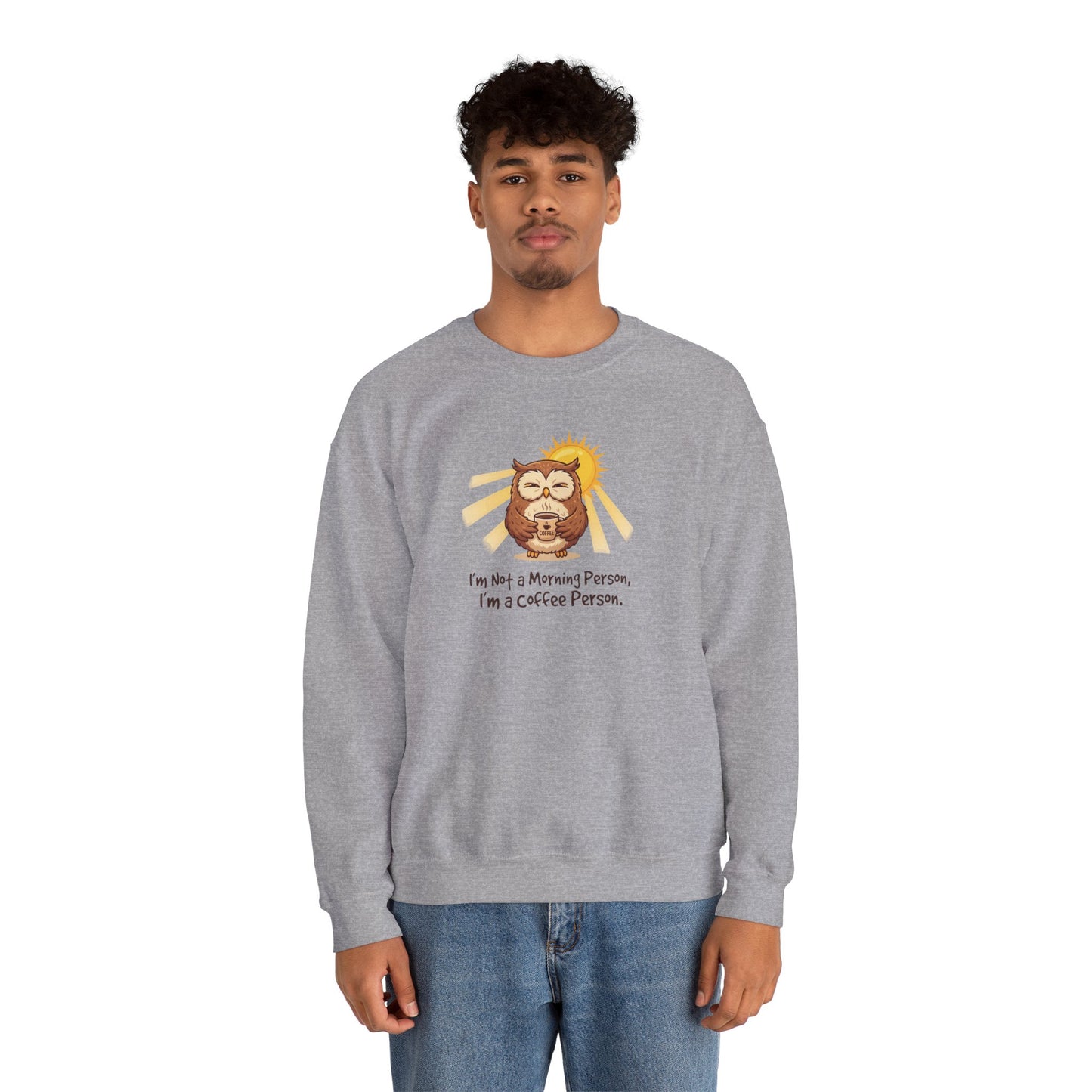 Grey sweatshirt with cartoon owl and "I'm Not a Morning Person, I'm a Coffee Person." text.