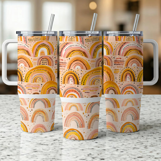 Boho Rainbow Tumblers, Stainless Steel Insulated Cups with Straws, Colorful Travel Mugs, Gift Idea