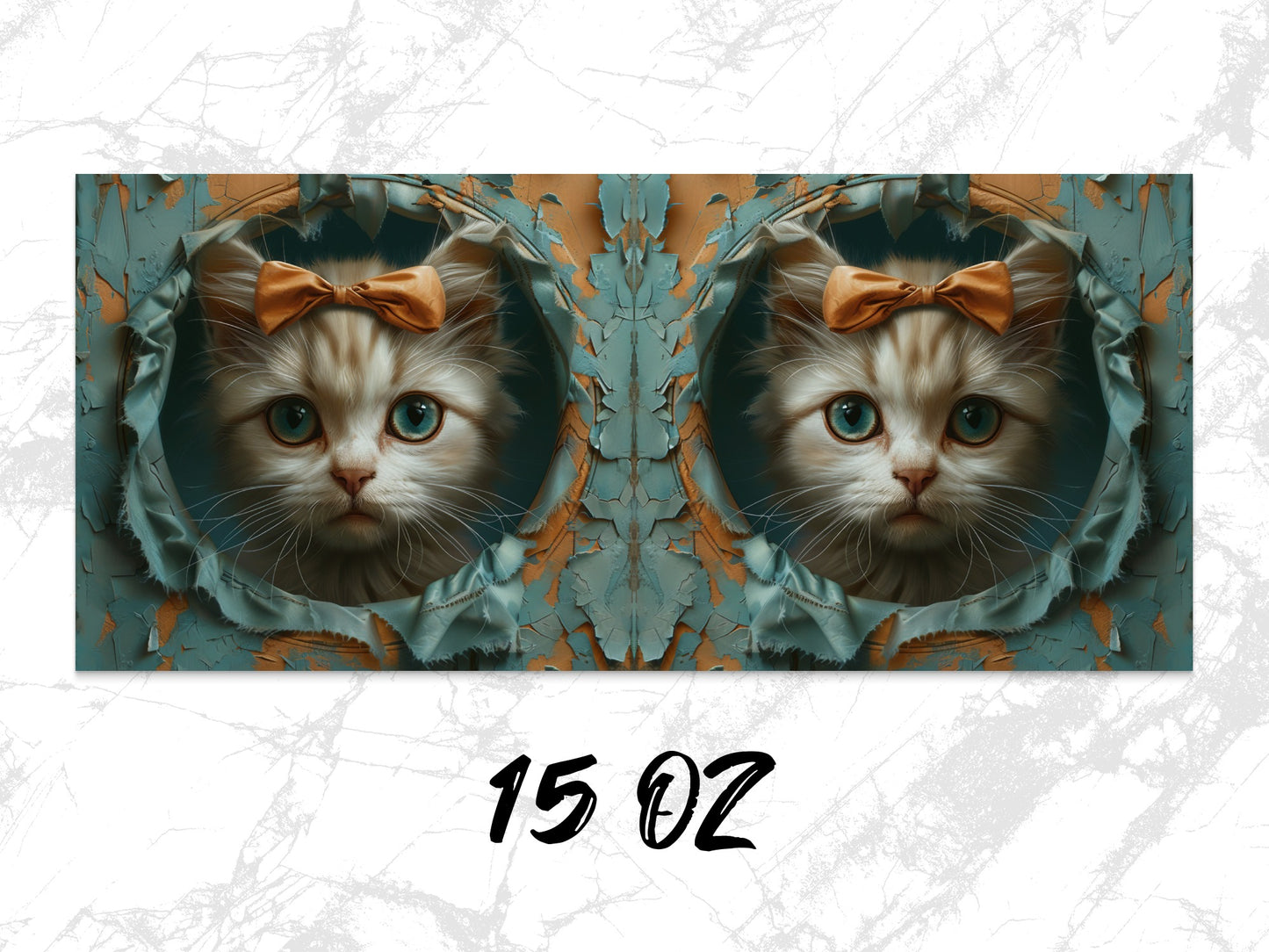 Cute Cat with Bow Art Print, Whimsical Feline Wall Decor, Unique Cat Lover Gift, Blue Leafy Background