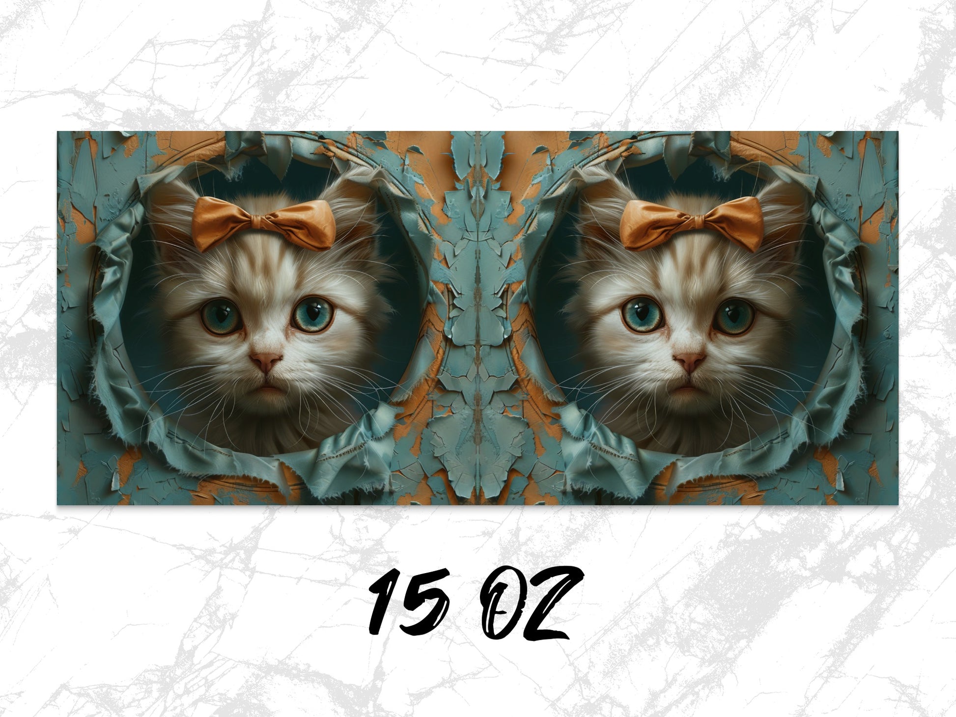 Cute Cat with Bow Art Print, Whimsical Feline Wall Decor, Unique Cat Lover Gift, Blue Leafy Background