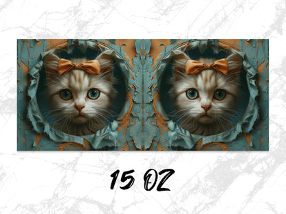 Cute Cat with Bow Art Print, Whimsical Feline Wall Decor, Unique Cat Lover Gift, Blue Leafy Background