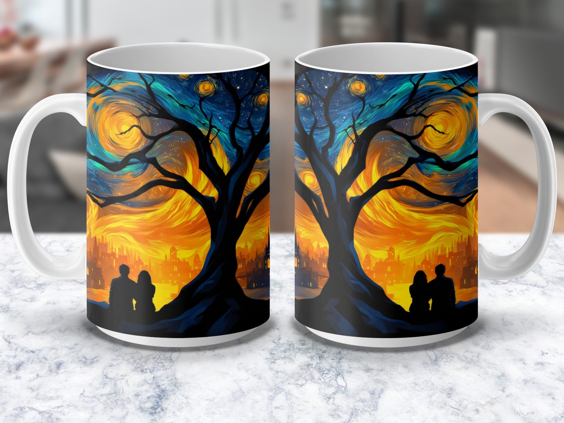 Starry Night Inspired Romantic Couple Silhouette Coffee Mug, Artistic Sunset Ceramic Cup