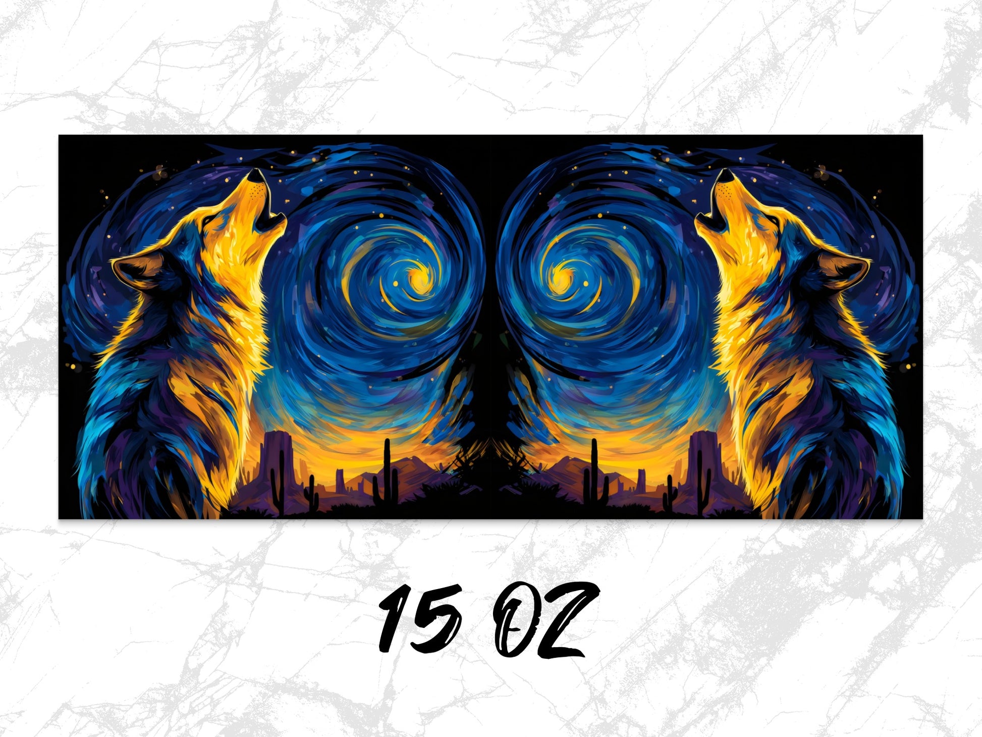 Blue and Orange Wolf Art Canvas Print, Abstract Wolves Starry Night Sky Wall Decor, Large Animal Artwork for Home Decoration 15 Oz