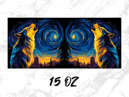 Blue and Orange Wolf Art Canvas Print, Abstract Wolves Starry Night Sky Wall Decor, Large Animal Artwork for Home Decoration 15 Oz
