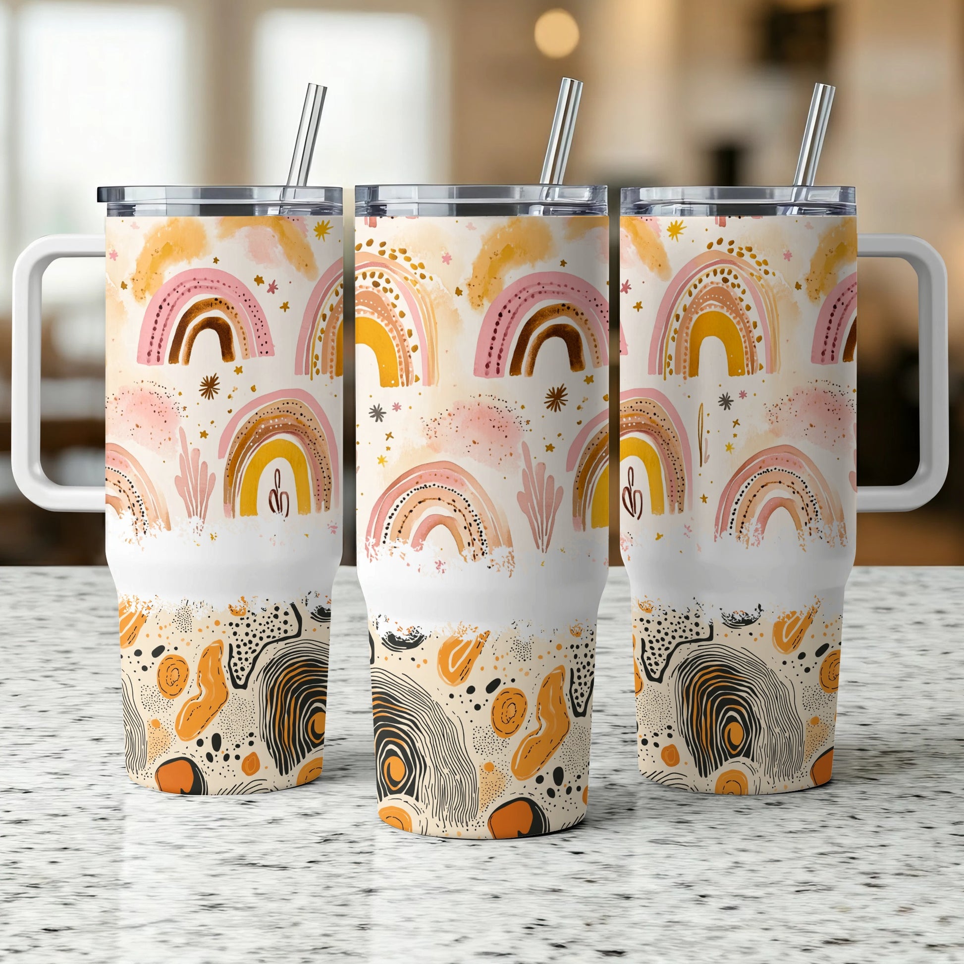 Boho Rainbow Tumbler Cups, Stainless Steel Insulated Travel Mugs with Lids and Straws, Abstract Art Drinkware Set of 3