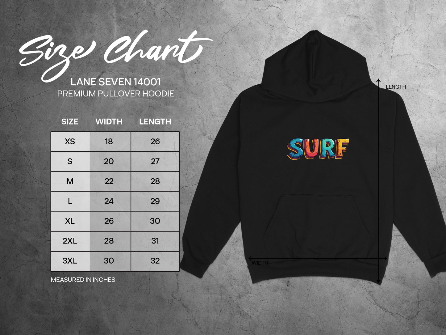 Surf Premium Pullover Hoodie Chart Size product type