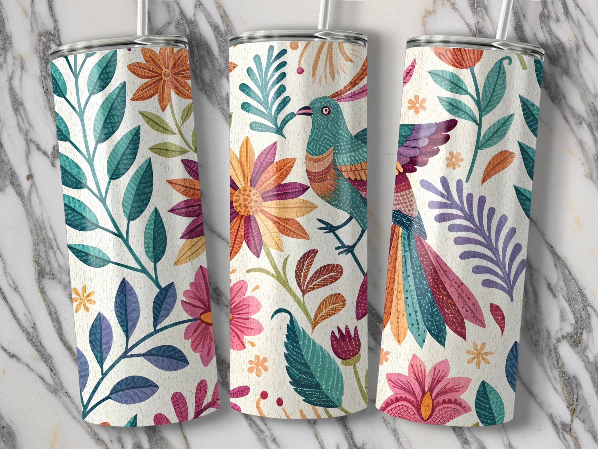 Colorful Floral and Bird Design Tumbler product