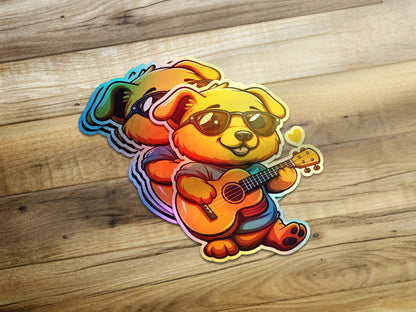 Cute Dog Wearing Sunglasses Holding Guitar sticker