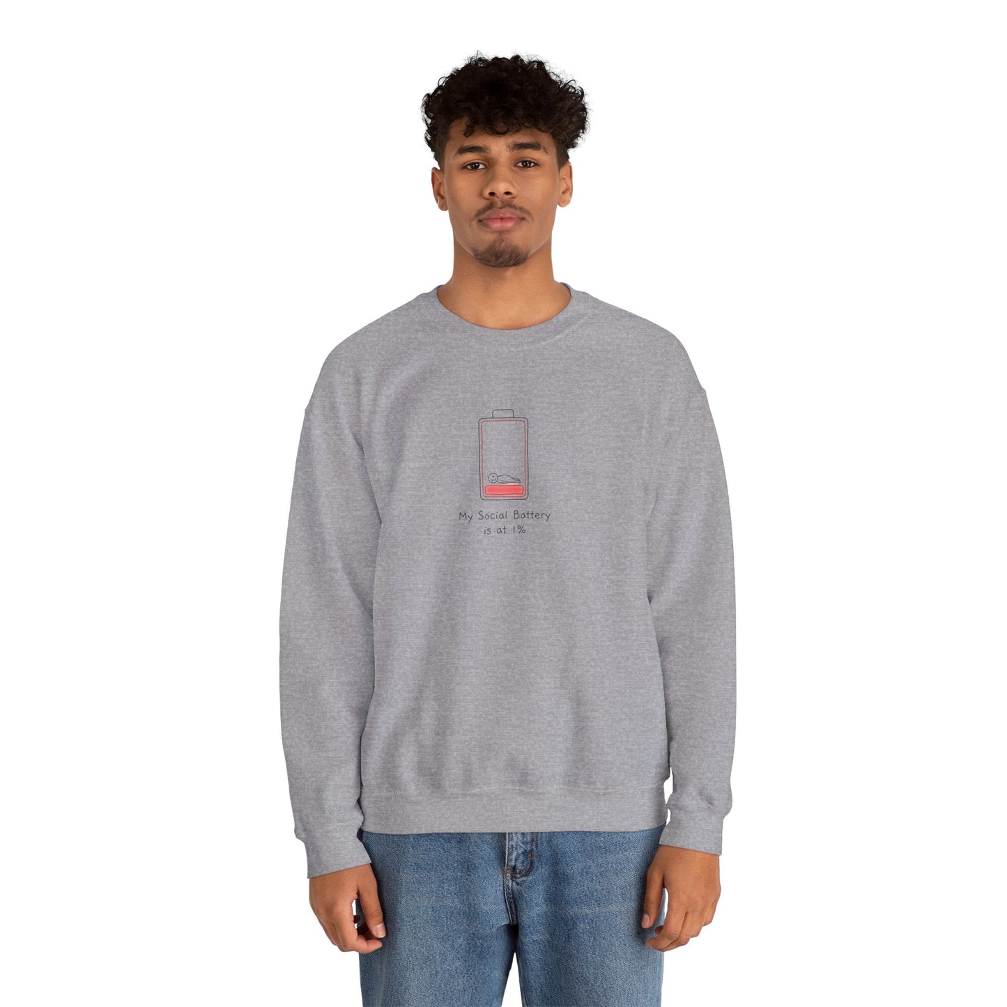 Grey sweatshirt with red battery graphic and "My Social Battery is at 1%" text.