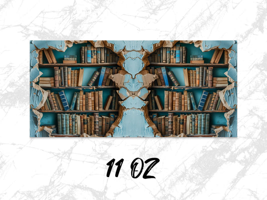 Vintage Library Bookshelf Design Coffee Mug, Classic Books Print, 11 oz Ceramic Mug, Gift for Readers and Writers
