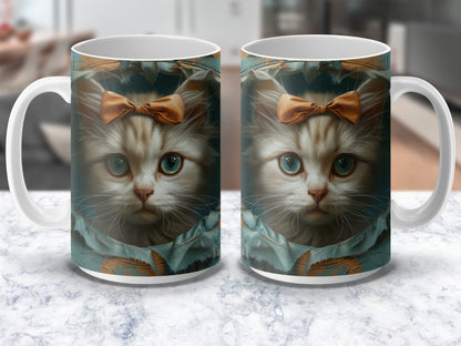 Cat Coffee Mug, Cute Kitten with Bow Graphic, Large Ceramic Cup, Gift for Cat Lovers, Unique Cat Themed Drinkware, Pet Lover Gift