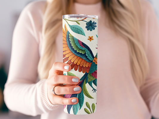 Bright colorful bird floral design insulated tumbler product