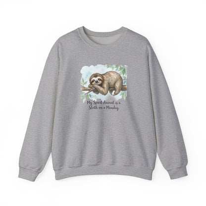 Gray sweatshirt with a watercolor sloth on a branch and text "My Spirit Animal is a Sloth on a Monday".