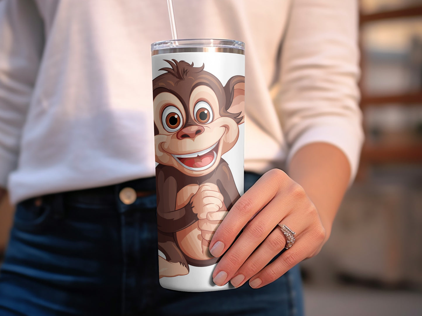 Cute Monkey Cartoon Tumbler, Stainless Steel Insulated Tumbler, Kids Water Bottle, Gift for Animal Lovers, Fun Drinkware, Leakproof Lid