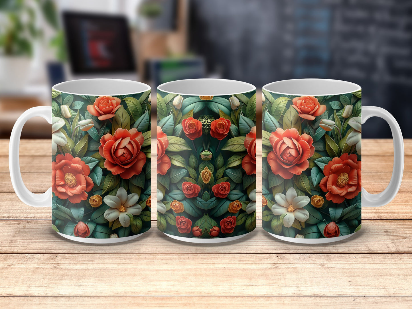 Floral Coffee Mugs, Set of Three, Vibrant Flower Print, Kitchen Decor, Gift for Garden Lovers, Ceramic Mugs, Roses and Daisies Pattern