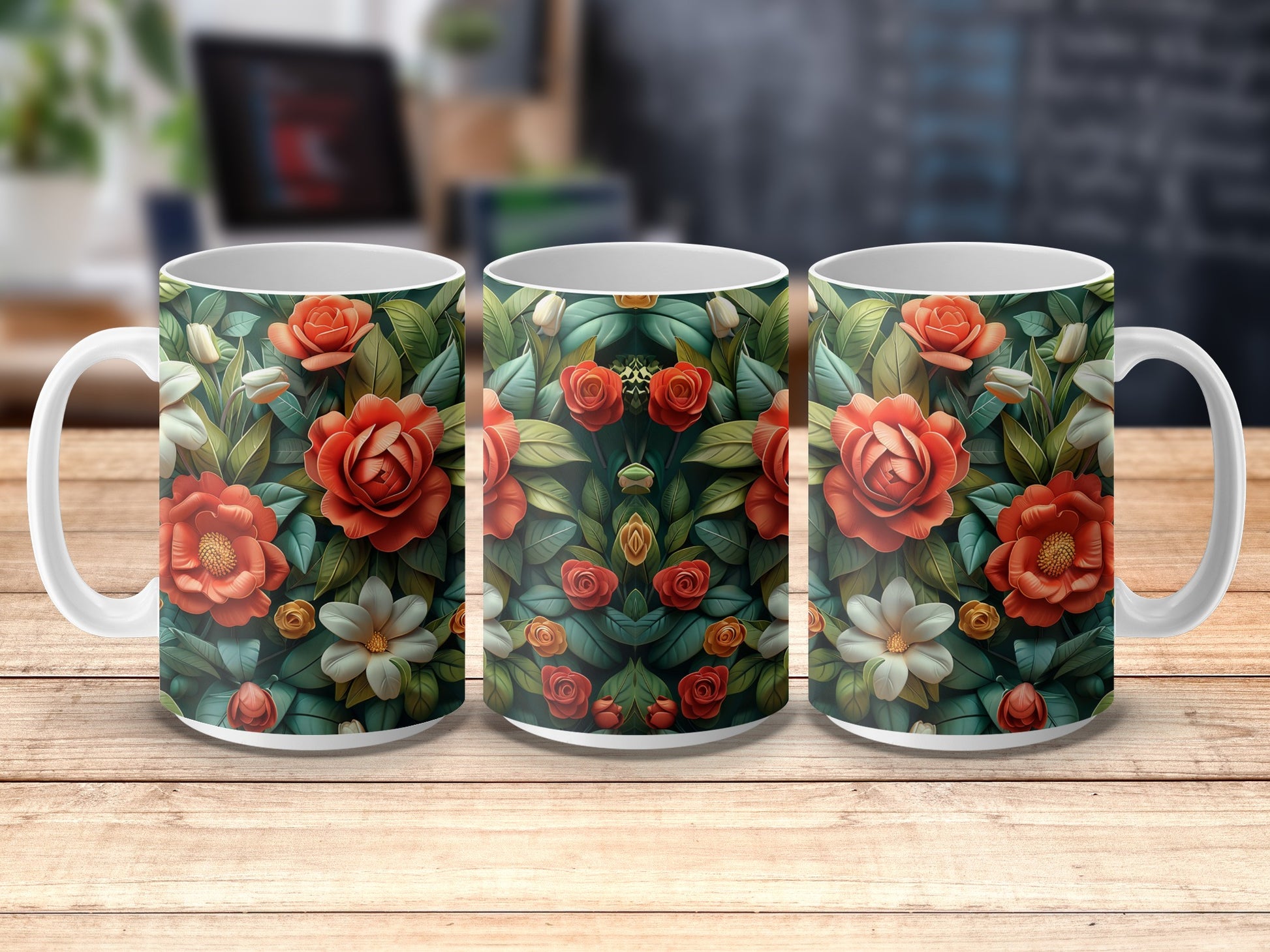 Floral Coffee Mugs, Set of Three, Vibrant Flower Print, Kitchen Decor, Gift for Garden Lovers, Ceramic Mugs, Roses and Daisies Pattern