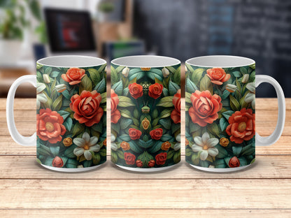 Floral Coffee Mugs, Set of Three, Vibrant Flower Print, Kitchen Decor, Gift for Garden Lovers, Ceramic Mugs, Roses and Daisies Pattern