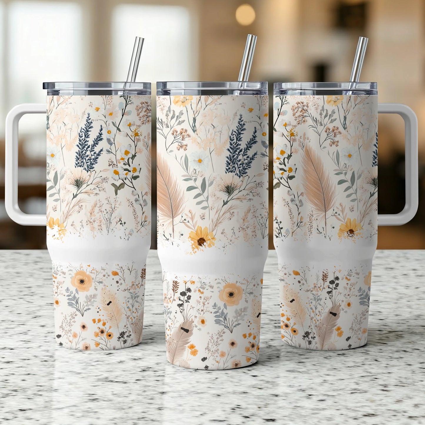 Floral Insulated Tumblers with Lids and Straws, Reusable Coffee Cups, Bohemian Style Drinkware Set of 3